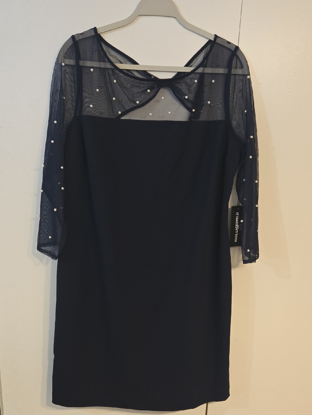 Karl Lagerfeld Navy Mesh & Pearl-Embellished Long Sleeve Dress